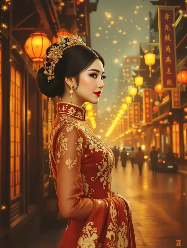 锦城烟火 短剧海报,旗袍女子提灯立于夜市灯火中