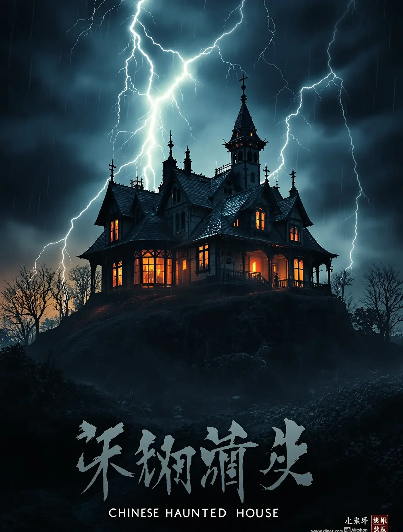 旧宅第九夜 短剧海报,老宅楼梯与孤灯